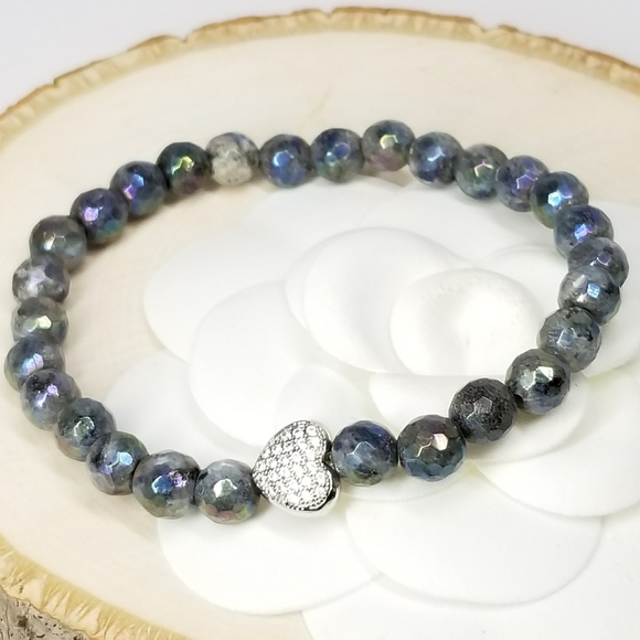 Labradorite Gemstone Pave CZ Heart Bracelet NEW - Picture 4 of 8